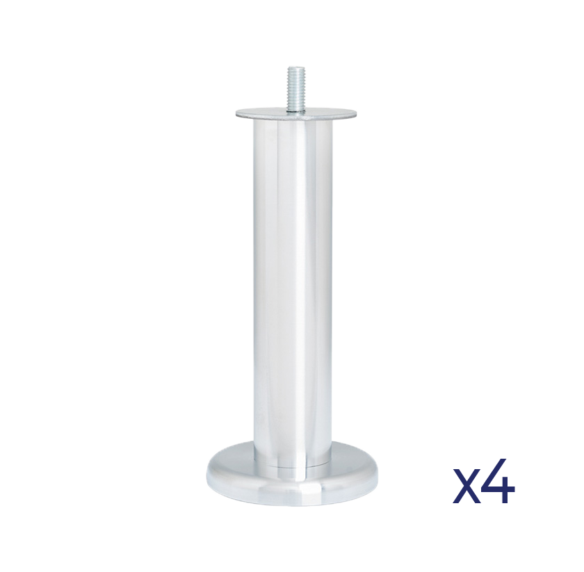 Jeu de 4 pieds cylindriques aluminium brossé 15 cm, ventilation du sommier